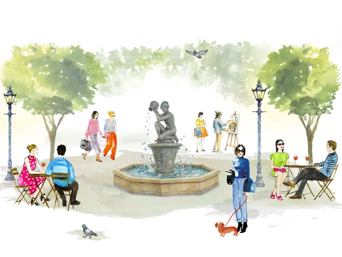 Sloane Square community scene centered on a public fountain conveying neighborhood leisure and local culture.