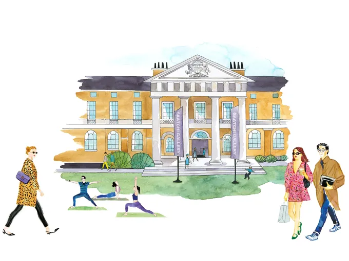 Saatchi Gallery in Chelsea welcoming visitors and outdoor activity on its front lawn.