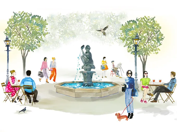 Public square where people relax, dine, walk dogs, and enjoy a central fountain.