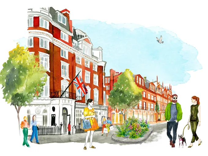 Sloane Street in Chelsea conveying the neighborhood's streetscape and shopping atmosphere.