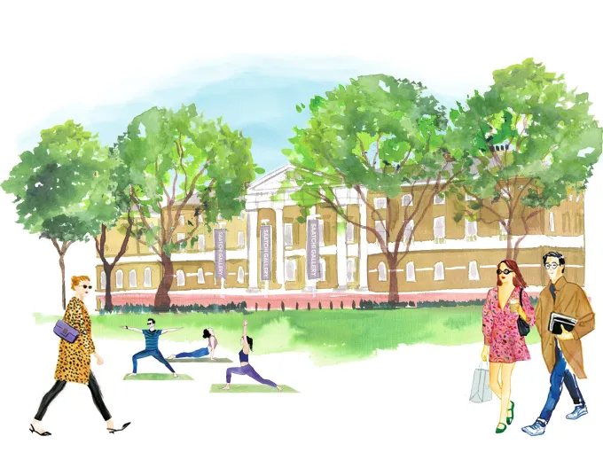 Community scene outside a gallery with people walking, shopping and practicing yoga on the lawn