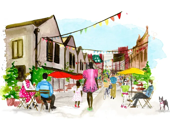 Bustling pedestrian street market conveying a lively neighborhood gathering with outdoor dining and local vendors.