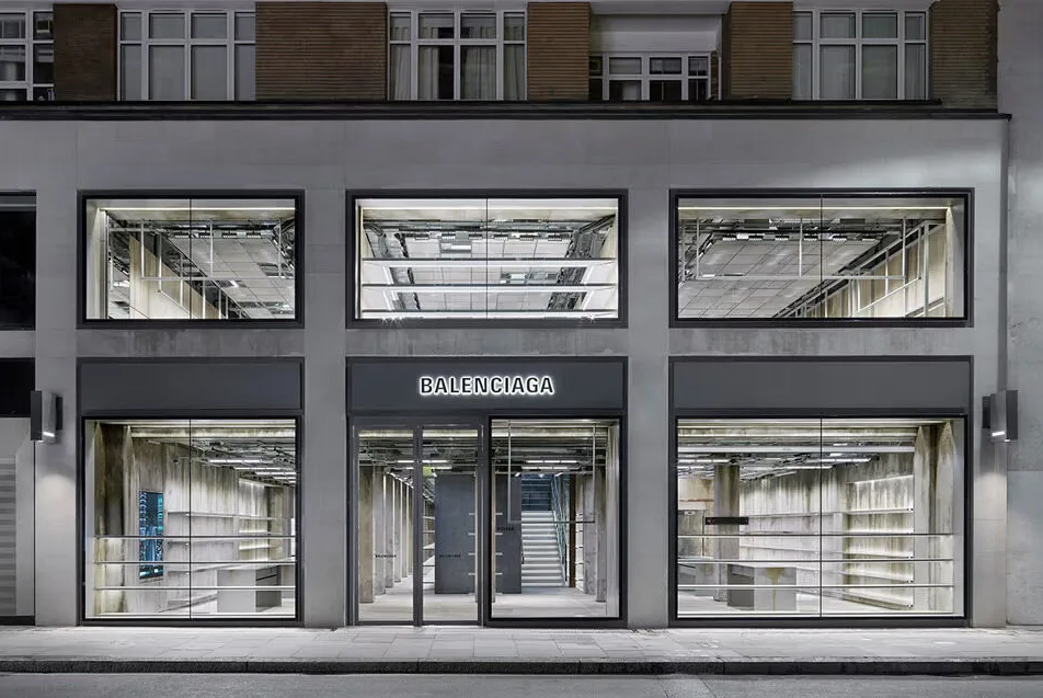 Balenciaga storefront and entrance of a high-end fashion flagship store