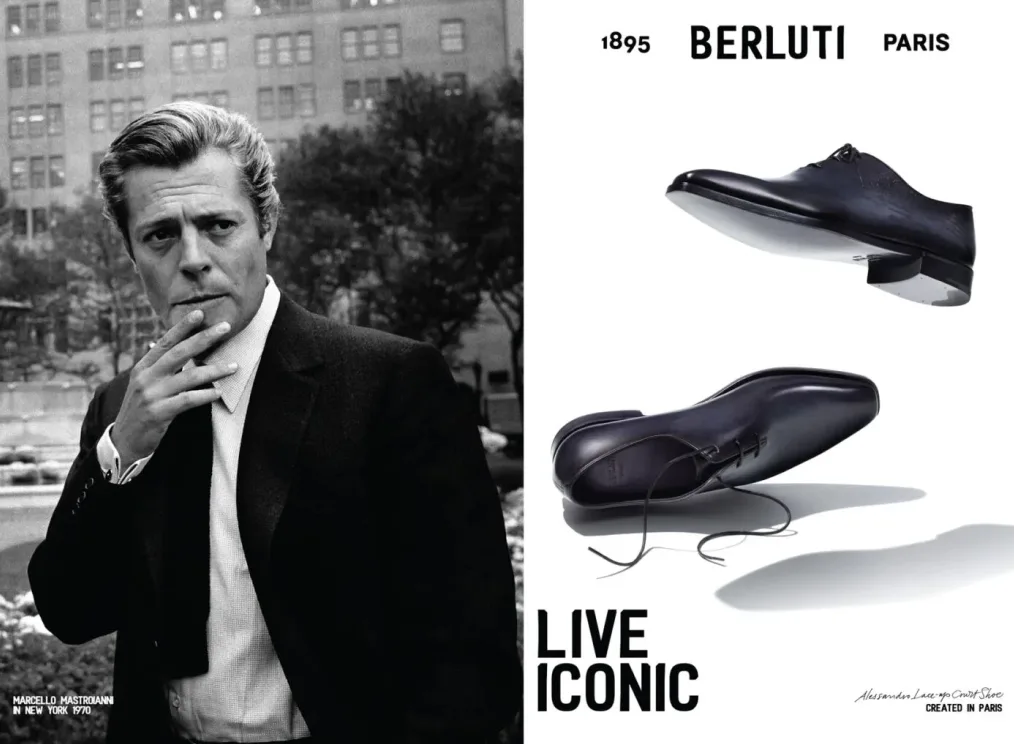 Berluti advertisement promoting timeless, iconic dress shoes that pairs product photography with a vintage black-and-white portrait of a man.