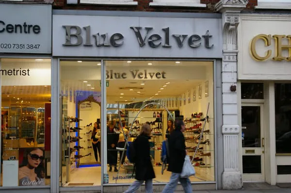 Blue Velvet shoe boutique storefront on a Chelsea street