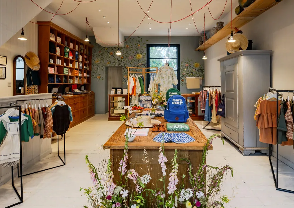 Boutique clothing shop with curated displays of apparel, accessories, and floral arrangements.