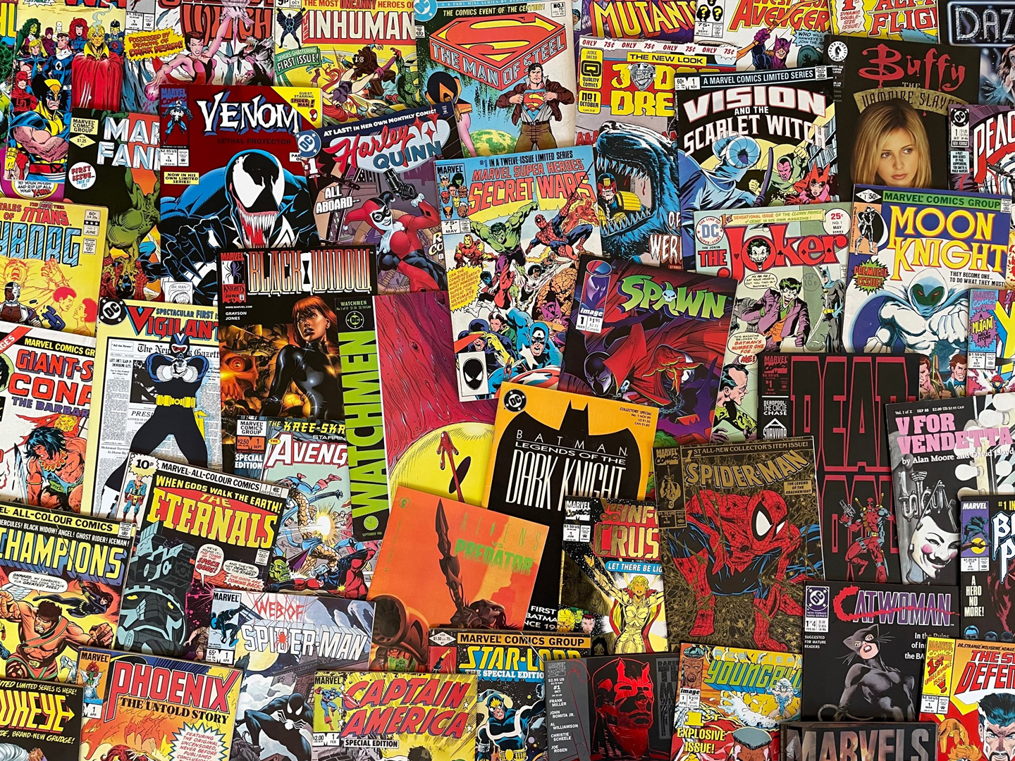 Collage of comic book covers used as decorative artwork celebrating comic-book culture.
