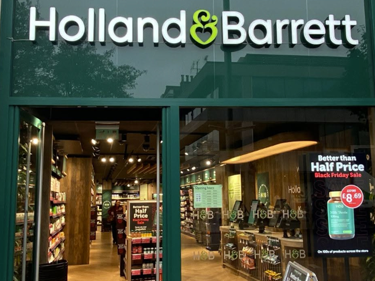 Holland & Barrett storefront for a health-food and supplement retailer