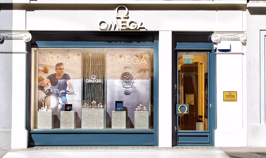 Omega boutique storefront showcasing luxury watches