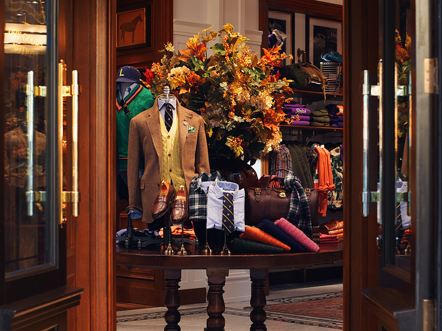 Ralph Lauren menswear store display showcasing a tailored fall wardrobe