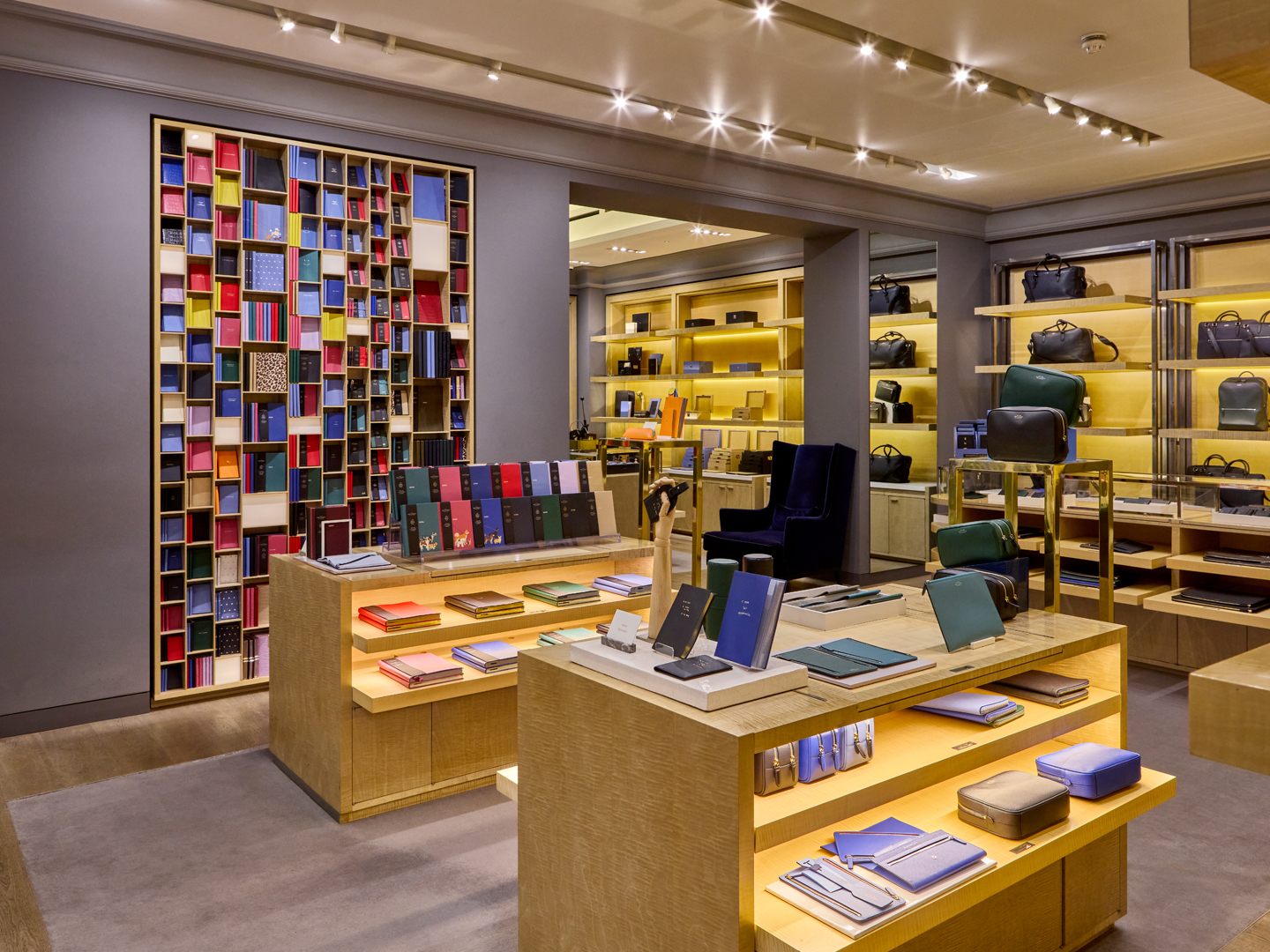 Smythson boutique interior with luxury stationery and leather accessories