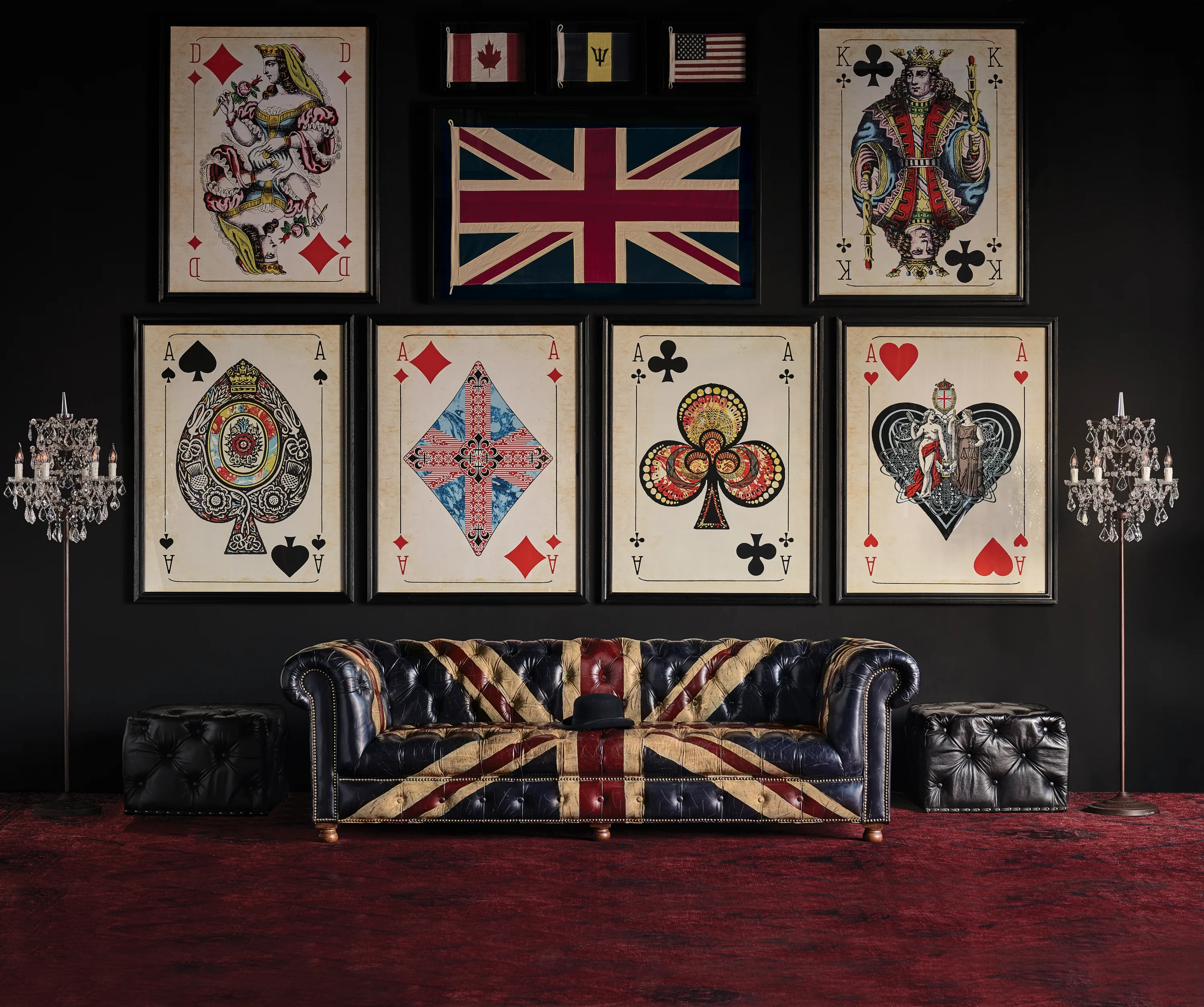 Timothy Oulton living room vignette highlighting the brand’s signature Union Jack leather sofa and oversized playing-card artwork for showroom styling.