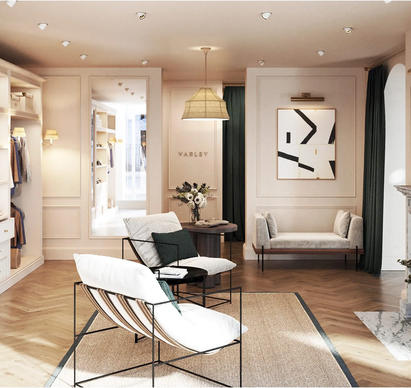 Varley boutique interior conveying a calm, upscale shopping and fitting-room experience.
