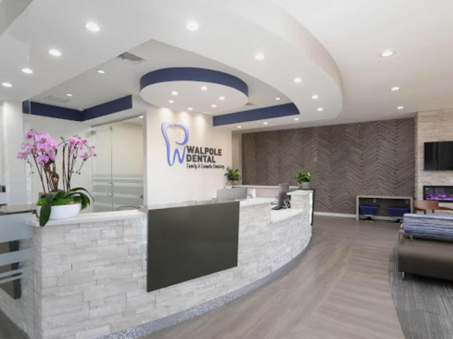 Walpole Dental reception area with branded logo welcoming patients