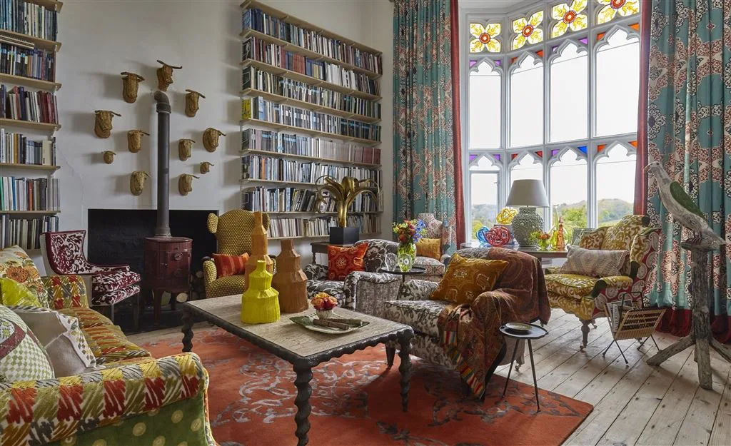 Eclectic living room showcasing William Yeoward's textile and interior design aesthetic.