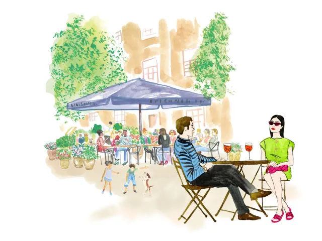 Outdoor café patio where people dine and socialize