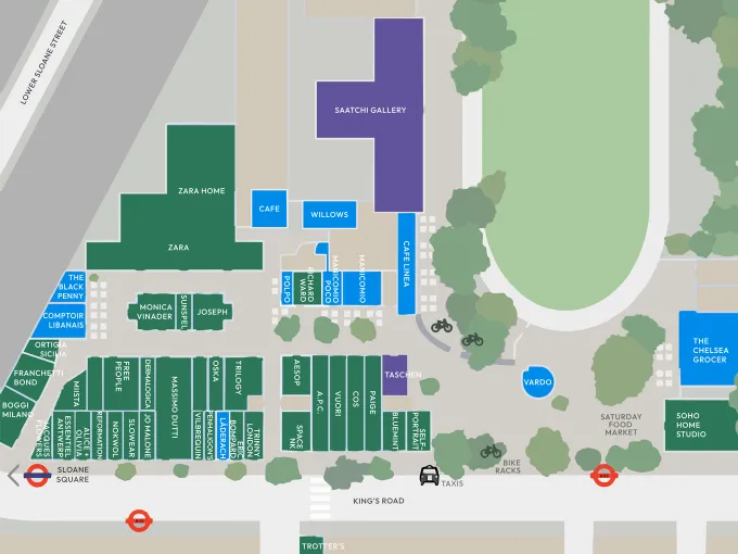 Duke of York Square site map for navigating shops, cafes, the Saatchi Gallery, public spaces, market stalls and transport links.