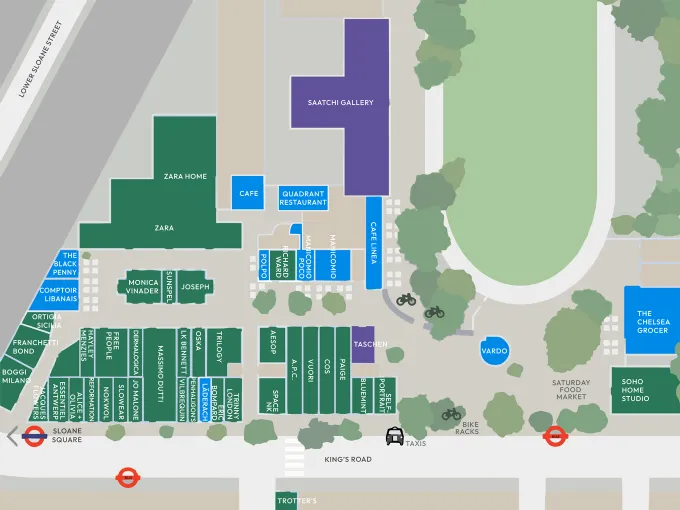Duke of York Square map showing the layout of shops, galleries, restaurants, and public open spaces for visitor orientation.