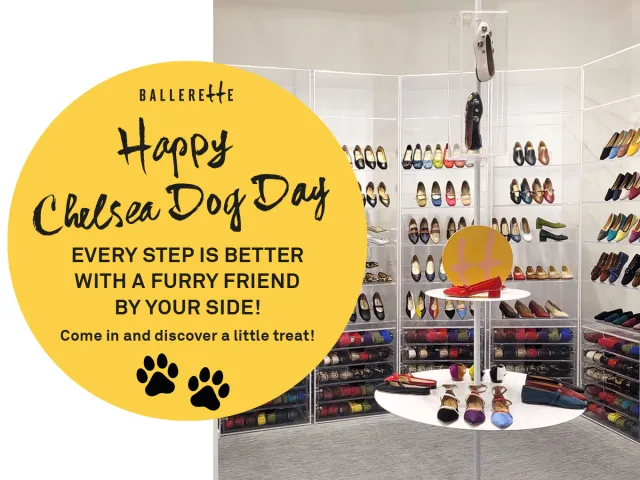 Promotional sign for Chelsea Dog Day inviting customers to bring their furry friends for a small treat.