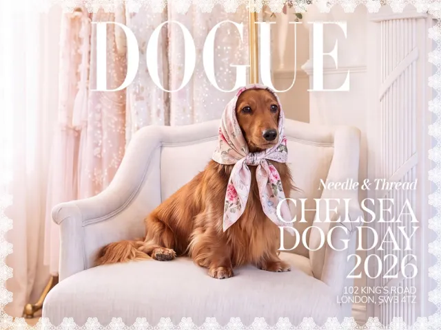 Dressed-up dachshund in a floral headscarf promoting Chelsea Dog Day 2026