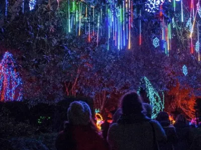 Chelsea Winter Village holiday illuminations with visitors gathered beneath hanging lights