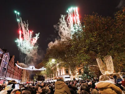 Christmas lights switch-on in Chelsea with a large crowd gathered to watch the street decorations and fireworks.