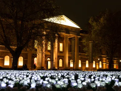 Ever After Garden night light installation of thousands of glowing artificial flowers attracting visitors to a historic building at night.