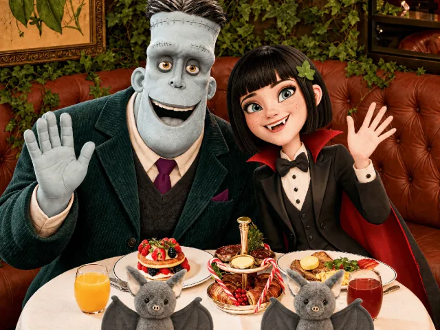 Monster father and young vampire daughter smiling together at a festive Halloween brunch.