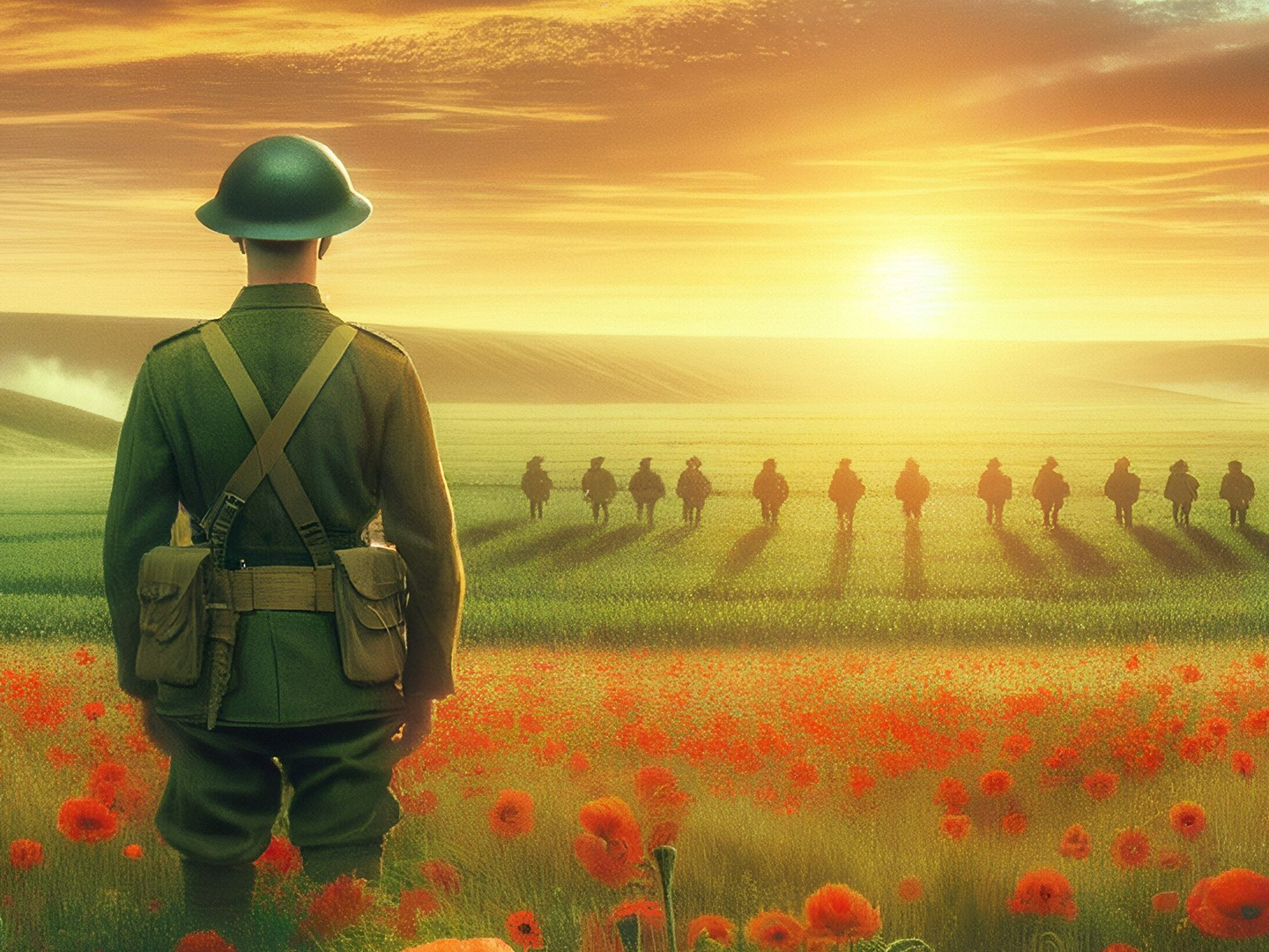 A solitary World War I-era soldier stands in a poppy field watching comrades advance toward a rising sun.