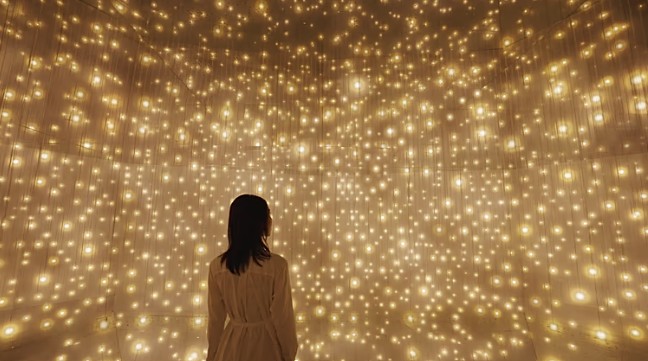 Visitor experiencing an immersive light installation that evokes a starry sky.