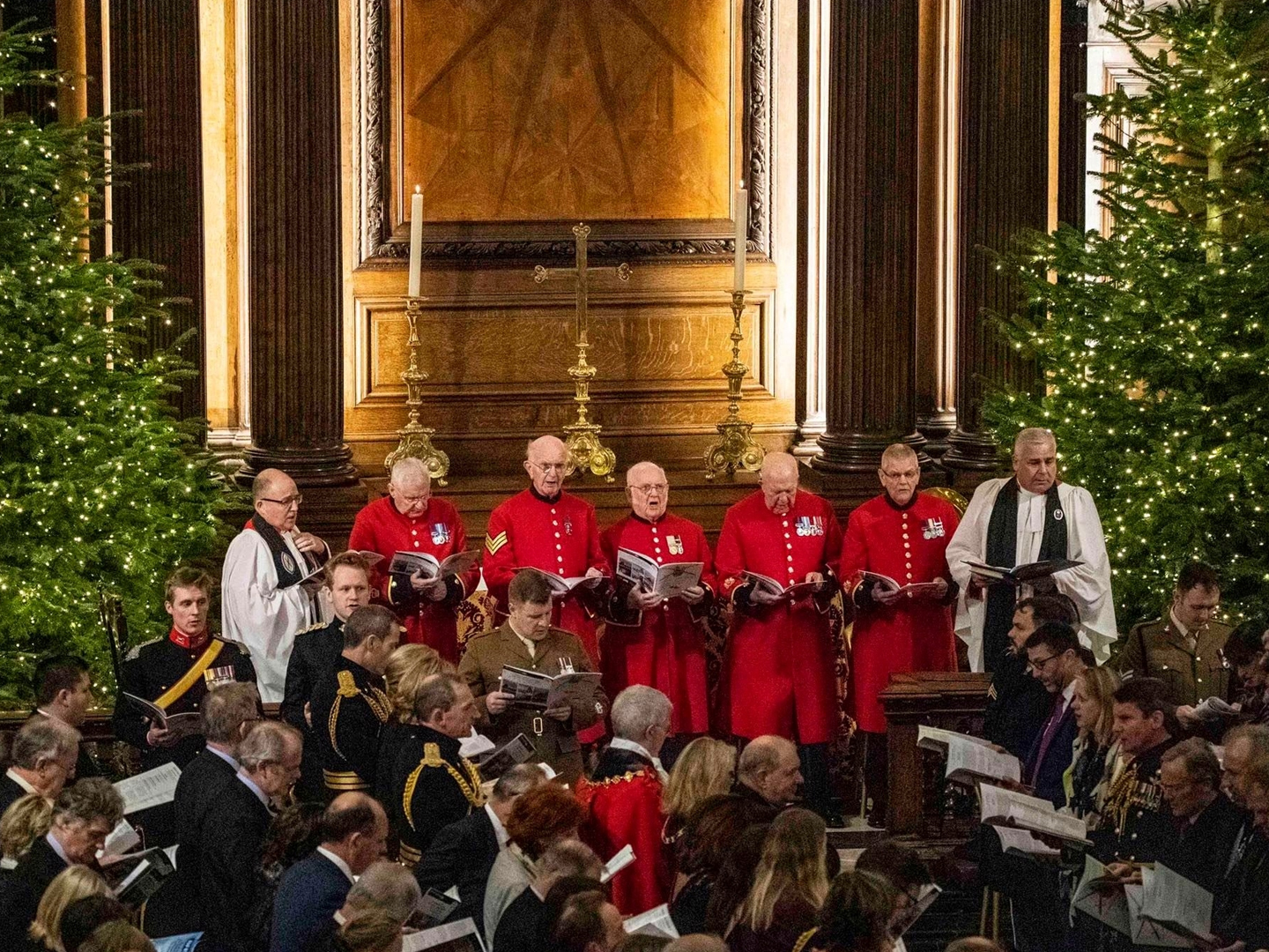Army Carol Service at the Royal Hospital Chelsea with a military choir leading the congregation in song.