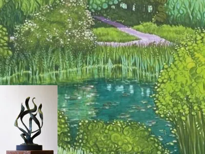 Artwork and sculpture from Amanda Bastin's Where Bluebirds Fly exhibition.