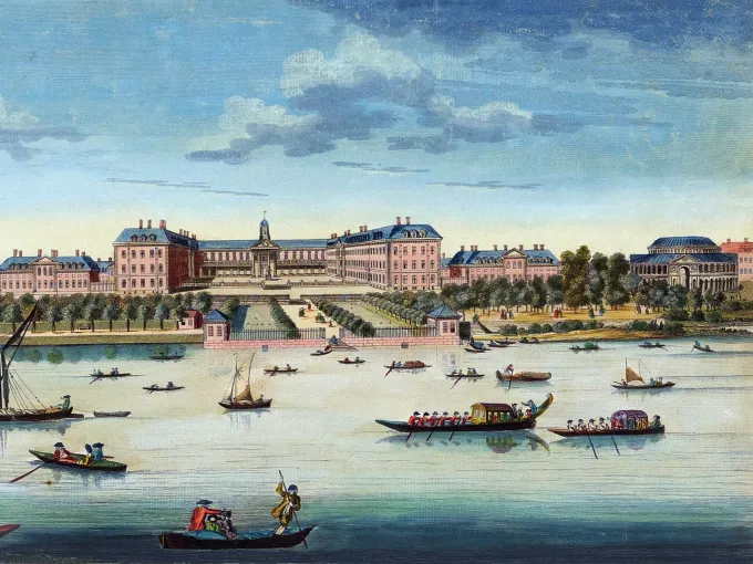 Ranelagh pleasure gardens and the River Thames at Chelsea, historic depiction of 18th-century riverside leisure