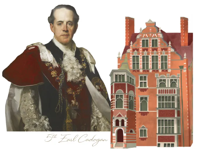 Historic aristocratic portrait alongside a Pont Street Dutch–style townhouse illustration representing Chelsea heritage