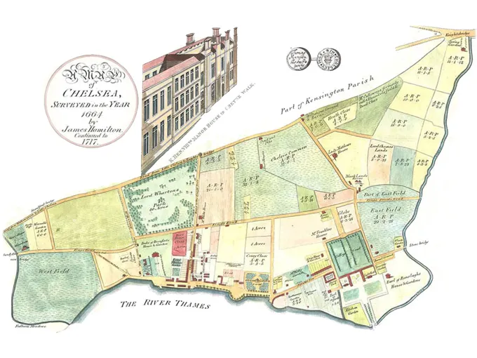 Historic 1664 map of Chelsea surveyed by James Hamilton, with parish boundaries, fields, and the River Thames