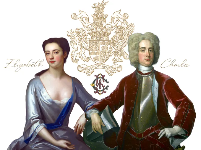 Formal double portrait of a man and a woman with a family coat of arms conveying aristocratic lineage.