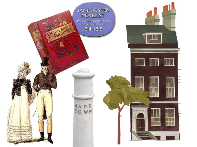 Collage connecting Jane Austen and Pride and Prejudice to Hans Town heritage