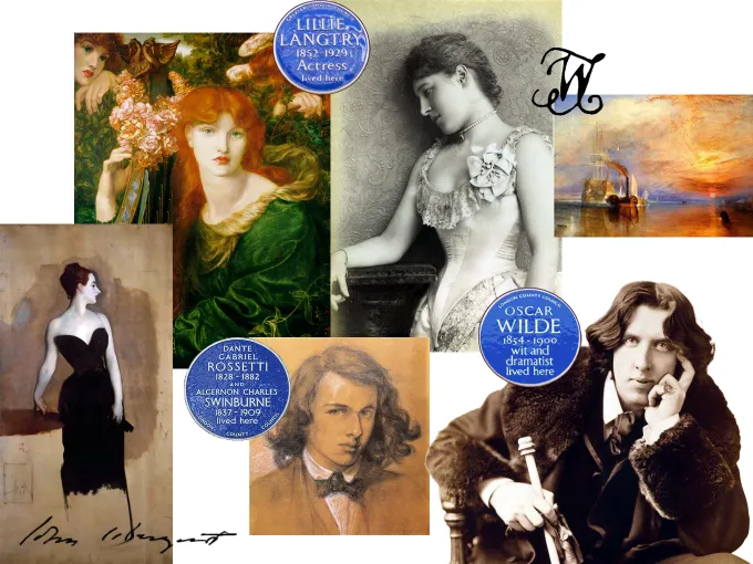 Collage of historical portraits and commemorative plaques honoring notable Chelsea residents associated with art, literature, and scandal.