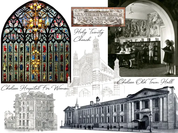 Collage of historic Chelsea buildings and community institutions highlighting local heritage and civic life