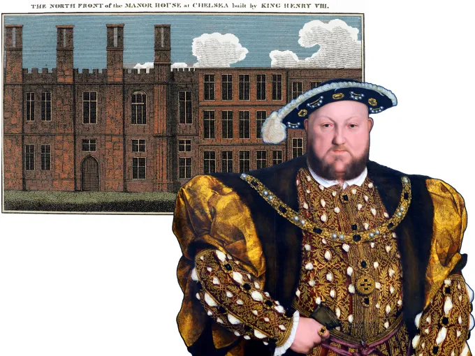 King Henry VIII with an illustration of the north front of his Chelsea Manor House.