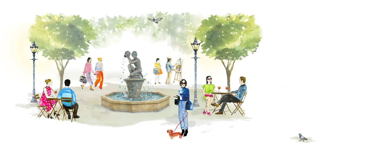 Lively neighborhood square in Chelsea conveying local social life and outdoor dining