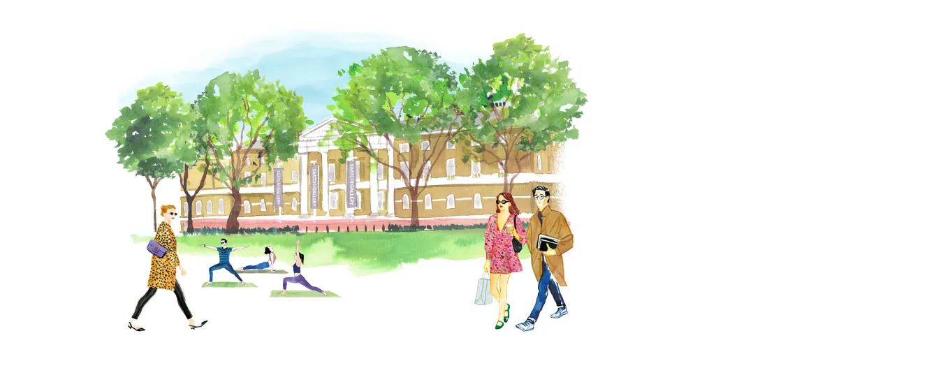 Visitors and students enjoying a leafy institutional lawn in front of a classical building.