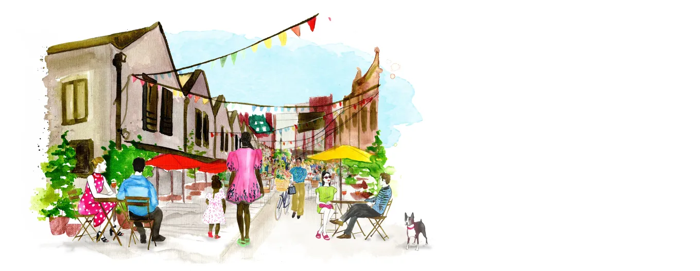 Vibrant neighborhood street market where people gather to walk, socialize, and dine