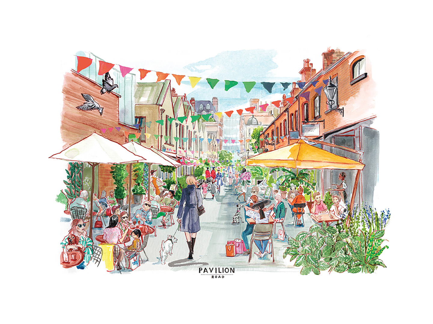 Smiling woman enjoying a leisurely boutique-shopping stroll on Pavilion Road while carrying a bouquet.