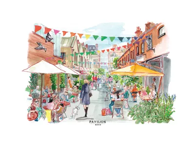 Smiling woman enjoying a leisurely boutique-shopping stroll on Pavilion Road while carrying a bouquet.