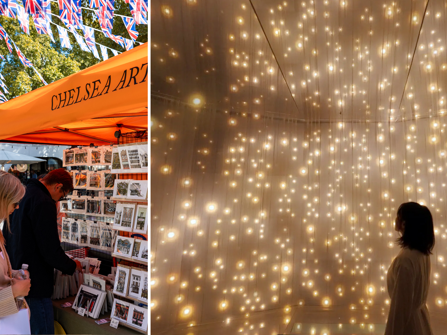 Visitors at a Chelsea art market stall and immersive star-like light installation