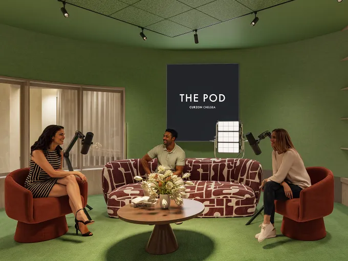 Podcast recording session in Curzon Chelsea's The Pod studio