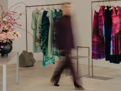 Roksanda Sloane Street concept store interior conveying a boutique shopping experience with garments on display and a blurred person moving through the space.