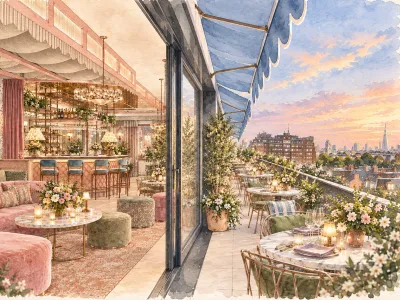 Rooftop restaurant offering indoor lounge and outdoor terrace dining with skyline views at sunset