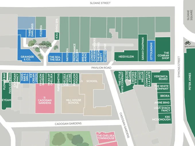 Map of Pavilion Road with shop locations, courtyards, and adjacent streets